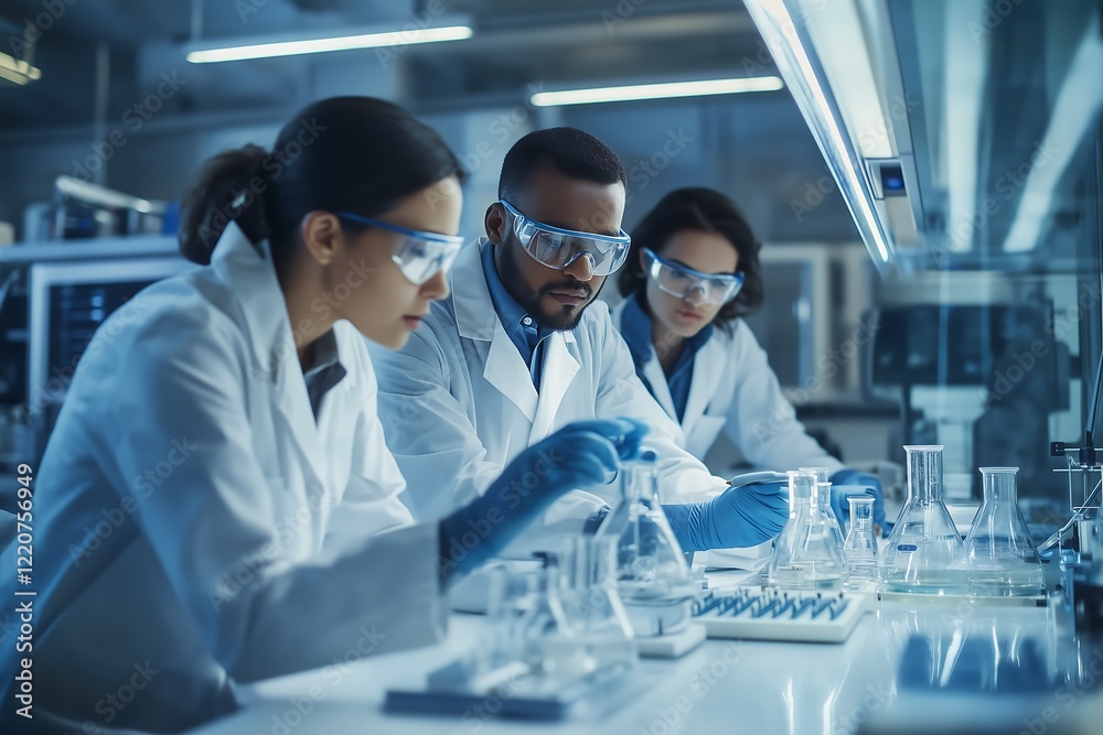 Fototapeta premium Diverse Team of Scientists Collaborating on Research in a Modern Laboratory Setting