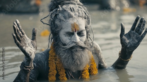 Hindu sadhu with ash covered face and marigold garlands performing a sacred ritual in the holy river during meditation photo