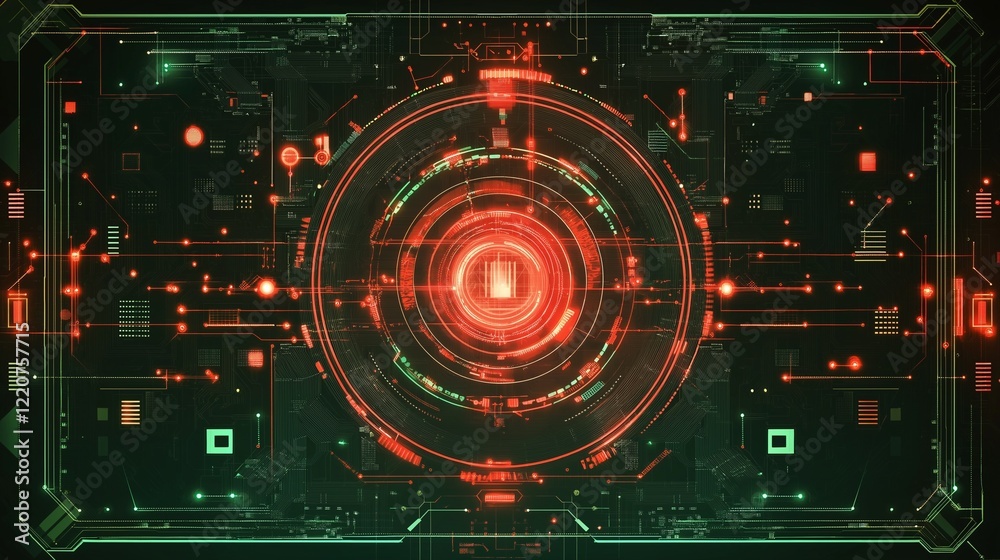Futuristic red and green digital HUD interface with glowing circular elements and high tech design Futuristic red and green digital HUD interface with glowing circular elements and high tech design