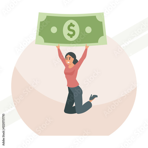 A woman jumping with a dollar banknote representing financial success and joy