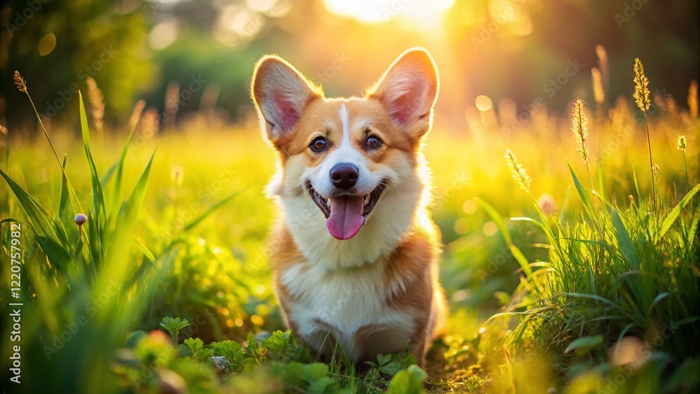 Happy Corgi Puppy Running in Sunny Green Field - Adorable Dog Stock Photo Happy Corgi Puppy Running in Sunny Green Field - Adorable Dog Stock Photo