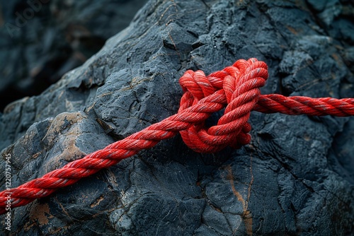 In the setting of a steep mountain a red rope is stapled to a gigantic rock face and knotted over dark-textured rocks, depicting climbing apparatus and caution, Generative AI.