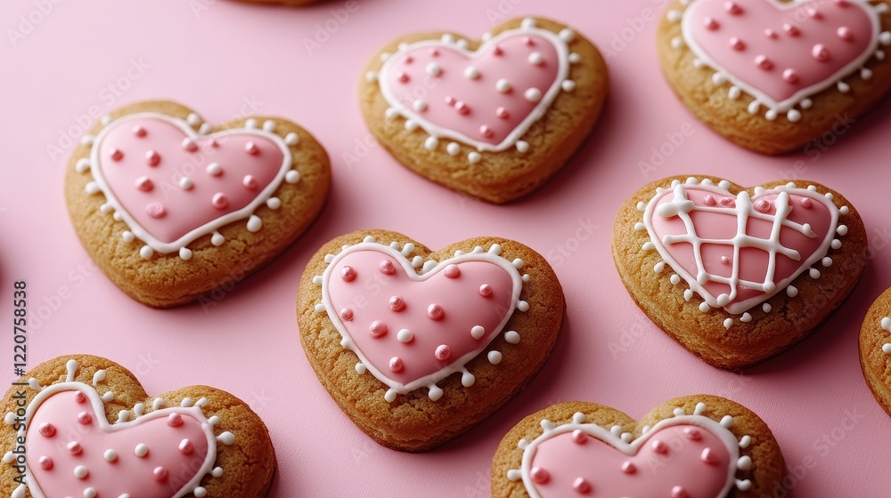 Homemade valentine heart cookies with pink icing on pastel background for romantic celebration Homemade valentine heart cookies with pink icing on pastel background for romantic celebration