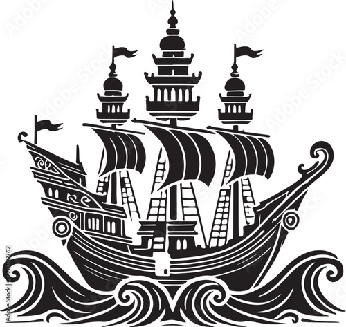 Pirate boats and Old different Wooden Ships with Fluttering Flags. Vector Set Old shipping sails traditional vessel pirate symbols garish vector illustrations