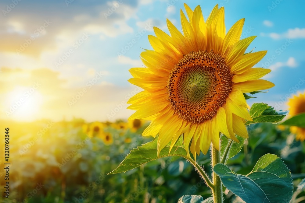 This is a closeup view of a sunflower blooming in a field during sunset This is a closeup view of a sunflower blooming in a field during sunset