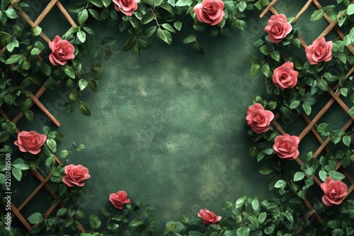 Vibrant pink roses on trellis with green leaves and textured background