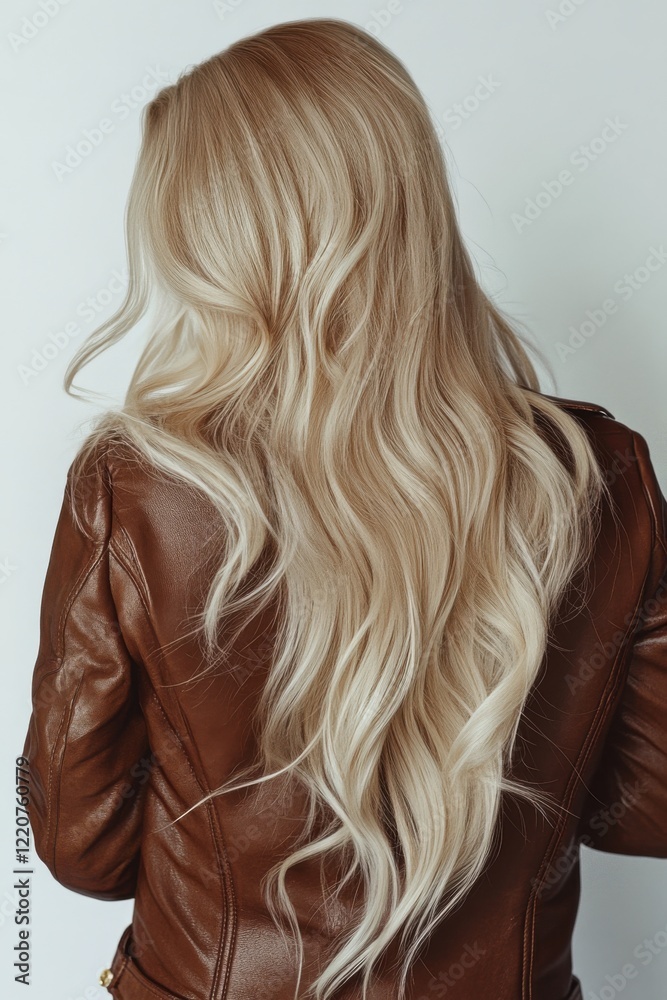 Naklejka premium Female adult with long blonde wavy hair in brown leather jacket back view