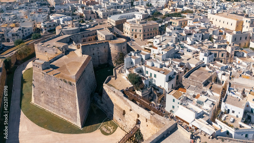 Aerial view old city with Castello Aragonese and white buildings on sunny day, Otranto, Puglia, Italy