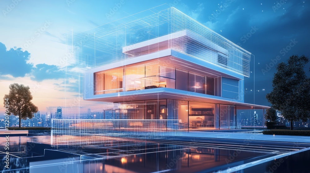 Obraz premium A futuristic building project plan showcasing a modern house blueprint and an advanced 3D model, enhanced by generative AI.