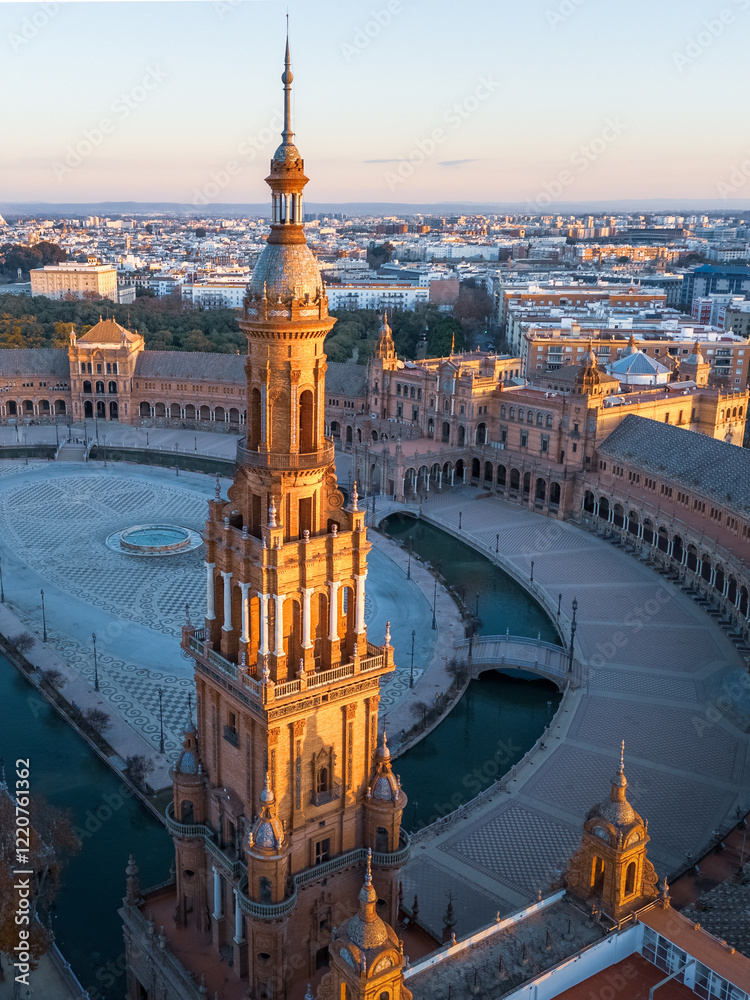 Obraz premium Plaza de España aerial view with tower, palace and square at sunrise, Seville, Spain