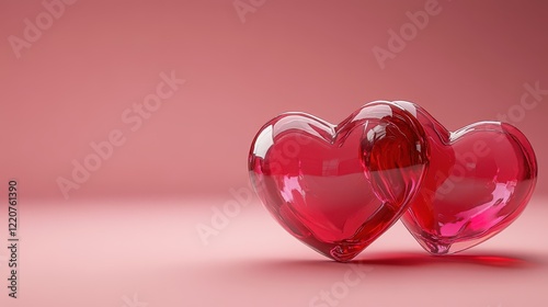 Romantic valentine’s day concept with two red hearts on a pink background