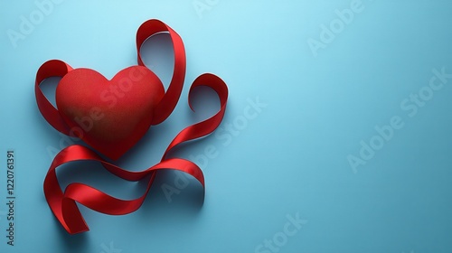 Romantic valentine day card design featuring red heart and ribbon on blue background