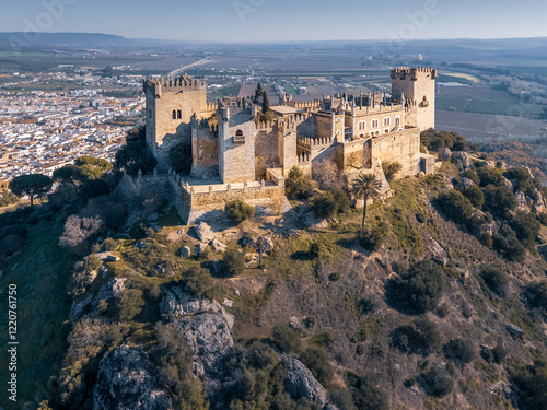 Billede på lærred Ancient Spanish hill top town fortified castle over landscape on sunny day, Almo