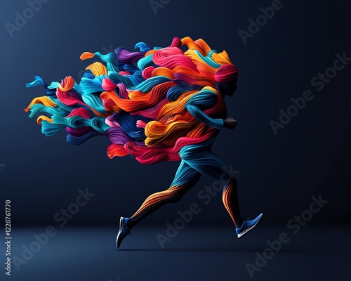 A vibrant, dynamic figure runs, with colorful strands flowing like hair, symbolizing energy and movement in a dark, minimalist background.