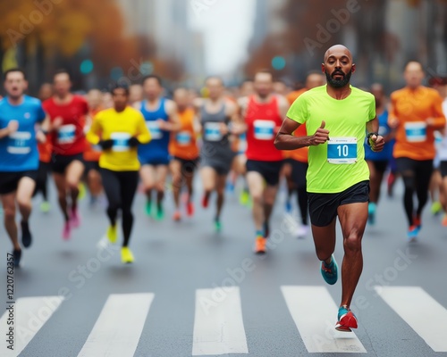 A vibrant marathon scene with a diverse group of runners, led by a man in a bright green shirt, racing through an urban environment.