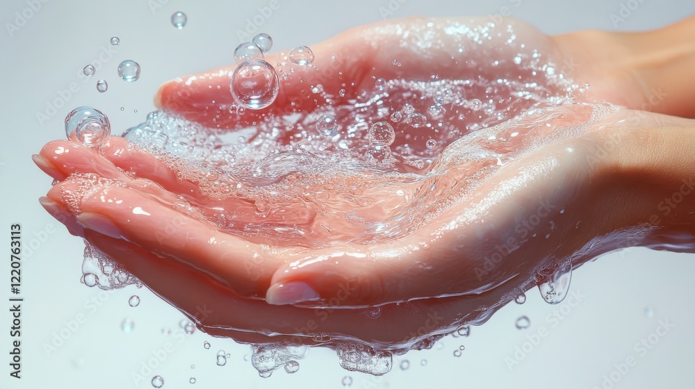 Fototapeta premium Close-up of hands cupping water droplets, showcasing fluid motion and clarity, with bubbles