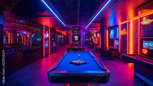 Vibrant Neon Game Room Interior with Pool Table