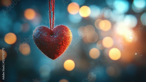 Romantic hanging red heart on vibrant bokeh background - valentine's decoration concept