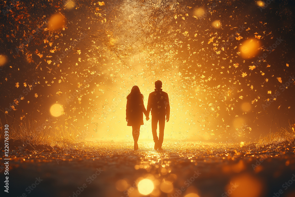 Photo d’un couple marchant main dans la main sur un sentier forestier en automne