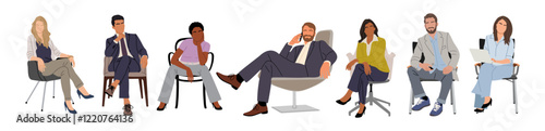 Business people sitting, taking part in meeting, business event. Set of Different men, women in formal and smart casual office attire. Collection of vector illustrations isolated on white background