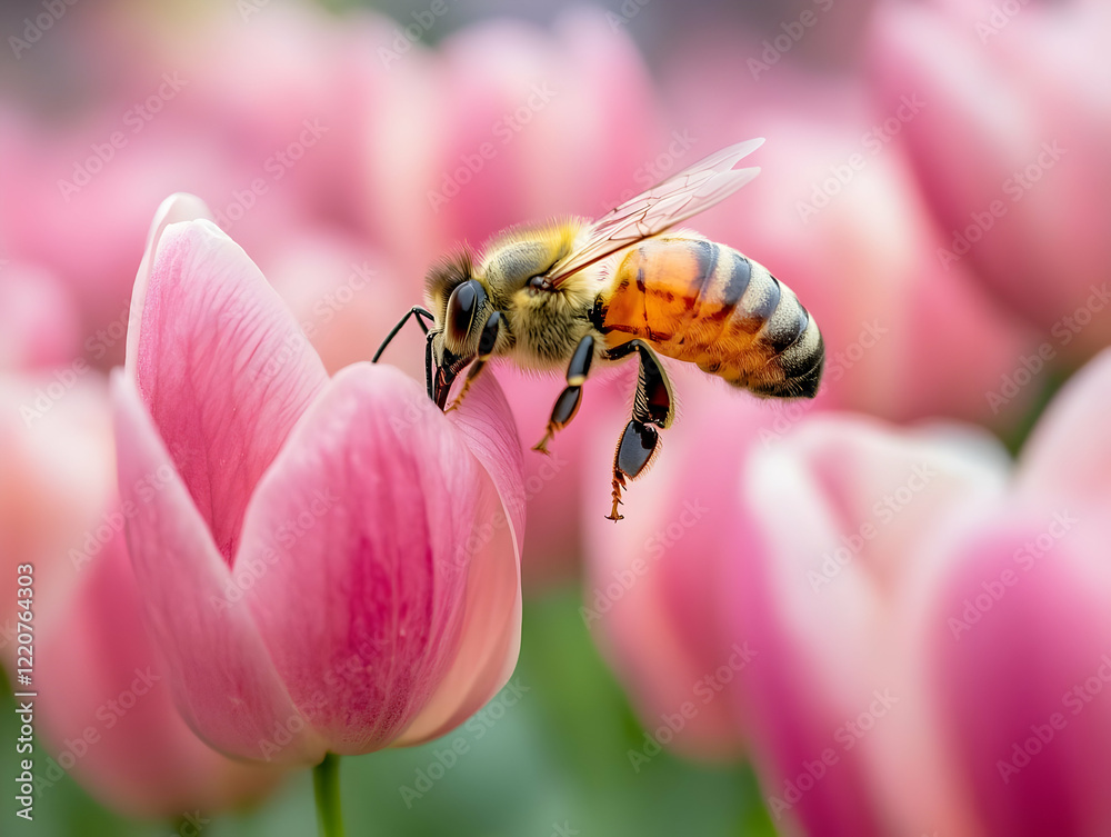 A bee hovering near a pink tulip in a vibrant floral setting. A bee hovering near a pink tulip in a vibrant floral setting.