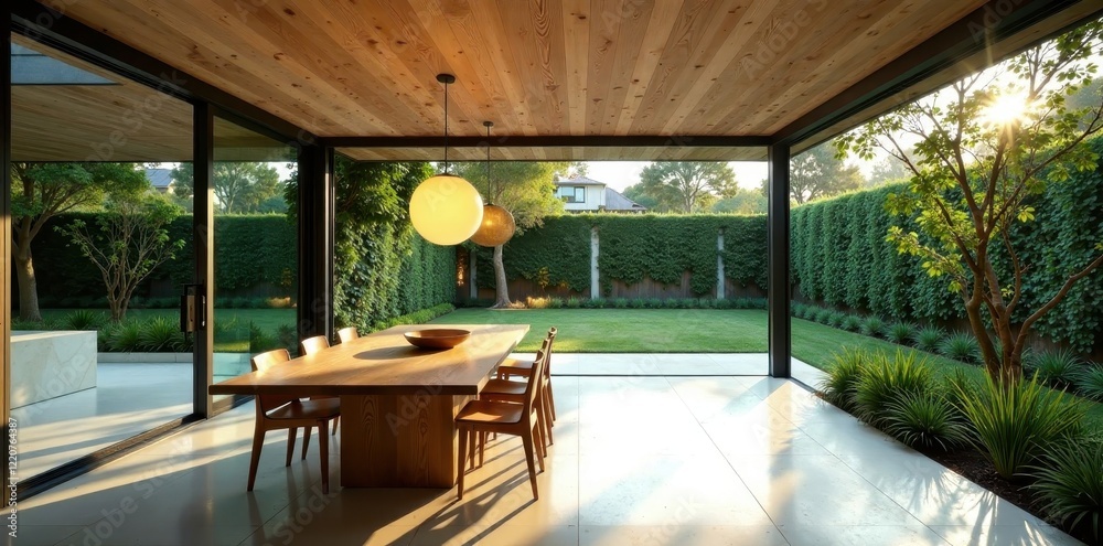 Naklejka premium Expansive glass-walled dining area opens to manicured garden, showcasing modern home , patio, elegant