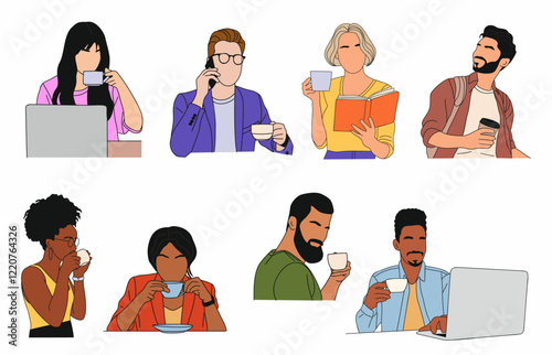 Set of Different business people drinking coffee, tea. Men, women working on laptop, talking by phone, reading book with cup of hot beverage drink. Colored outline vector drawing isolated