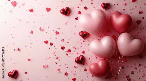 Minimalist valentine background with heart shaped balloons and confetti for romantic designs