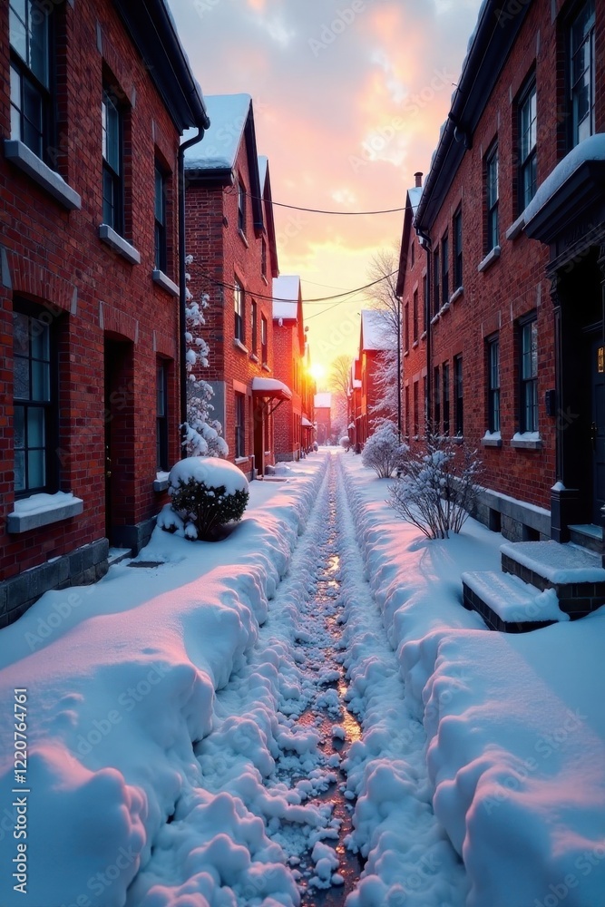 Fototapeta premium Deep snow drifts line a brick alley, muted sunrise, graphic, urban