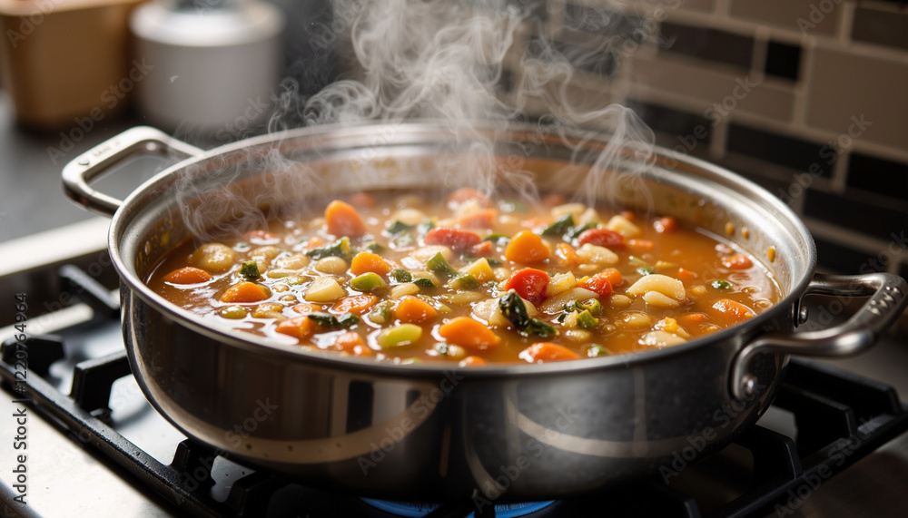 Slow cooker preparing hearty minestrone soup with fresh vegetables and pasta Slow cooker preparing hearty minestrone soup with fresh vegetables and pasta