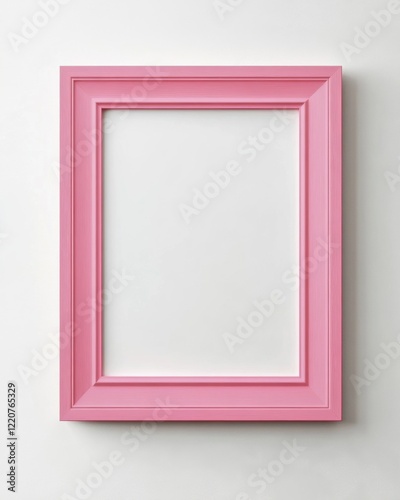 Empty pink picture frame on white wall with minimalist design