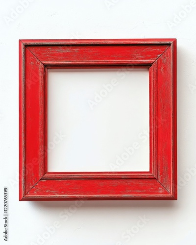 Vintage red wooden square frame with distressed texture on white wall