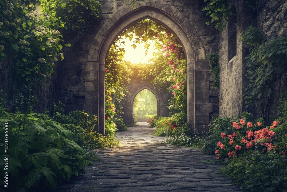 Enchanted garden pathway with stone arches surrounded by lush greenery and flowers Enchanted garden pathway with stone arches surrounded by lush greenery and flowers
