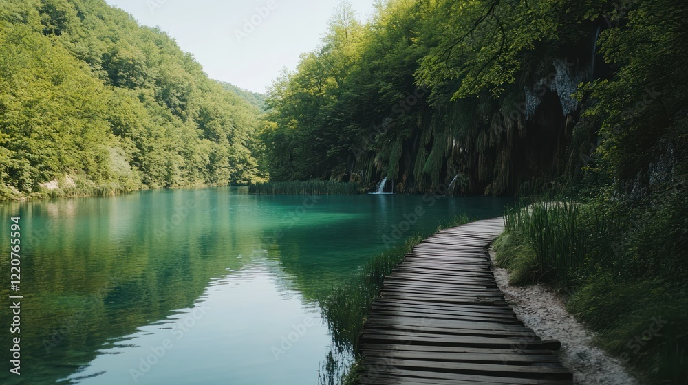 Serene lake trail, lush forest backdrop, tranquil nature scene, travel tourism Serene lake trail, lush forest backdrop, tranquil nature scene, travel tourism
