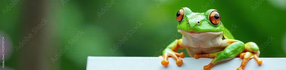 Obraz premium A vibrant green frog poses with a pristine white sign , nature, nature photography, communication