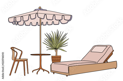 Patio furniture Set. Outdoor, porch zone, garden yard interior elements, armchair, table, lounger, umbrella. Hand drawn colored outline vector illustration isolated on white background