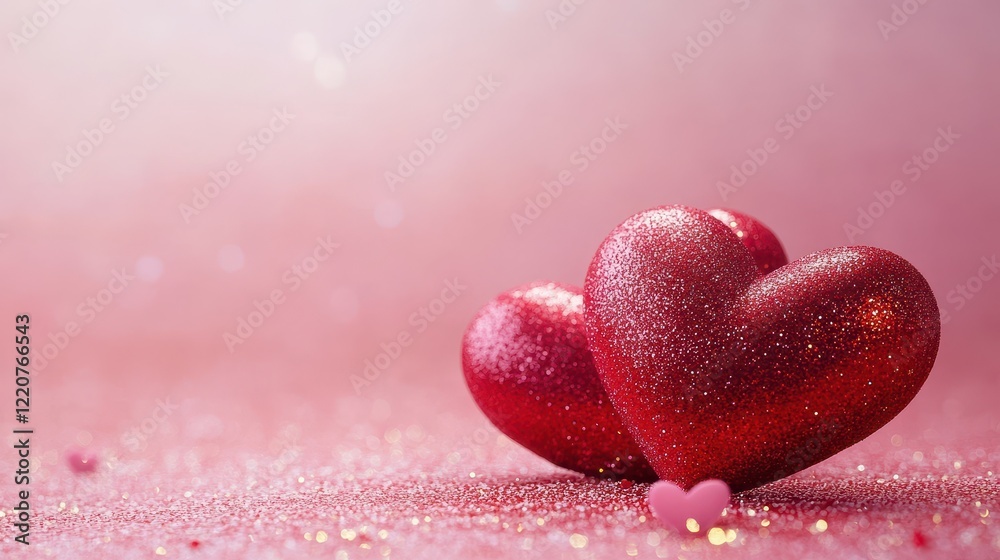 Romantic composition with two red hearts on pink glitter background for valentine's day decoration Romantic composition with two red hearts on pink glitter background for valentine's day decoration