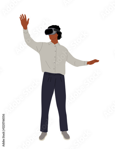 Young business man wearing Virtual reality headset. Handsome male character in smart casual office outfit traveling in metaverse. Vector flat illustration isolated on white background.