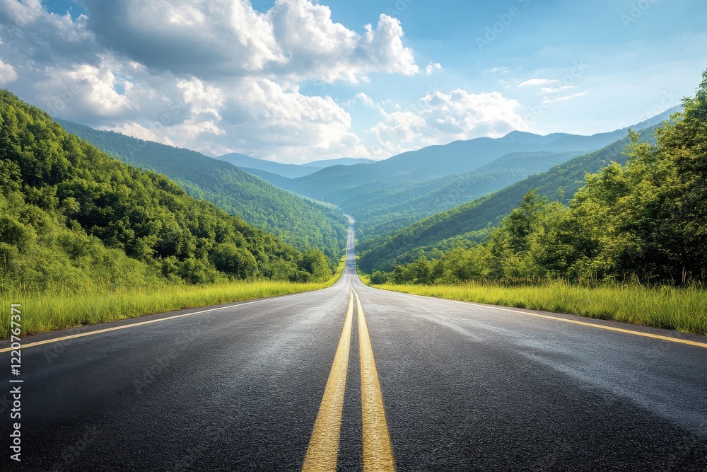 Fototapeta premium A road winds through a scenic valley with majestic mountains