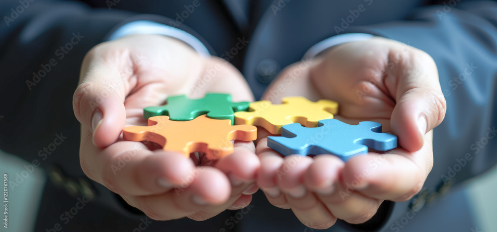 puzzles in the palms of a businessman close-up puzzles in the palms of a businessman close-up