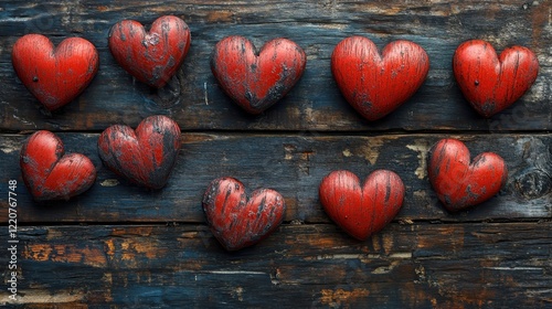Romantic valentine's day red hearts on rustic wooden background for greeting card design