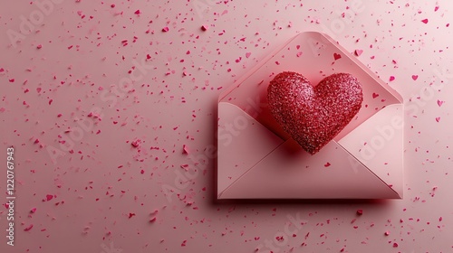 Romantic valentine's day greeting card design with heart-shaped love letter in pink envelope