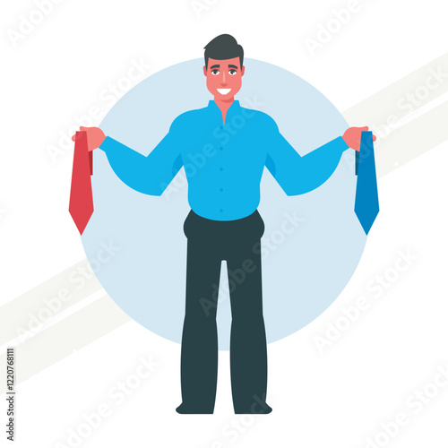 A man choosing a necktie representing fashion and decision-making