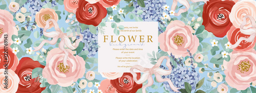 Floral background, pattern. Flowers and flower. Vector watercolor pastel illustration of peony, rose, hydrangea, ribbon, bow for banner, poster, greeting card