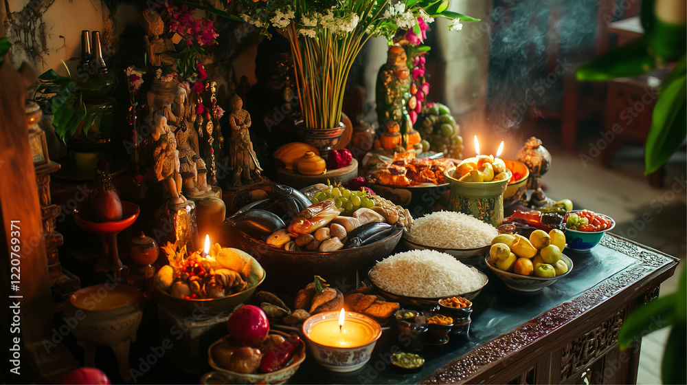 Fototapeta premium Ancestor veneration ritual with offering table full of traditional foods such as fruits, fish, and rice, candles burning on the altar. AI generated images.