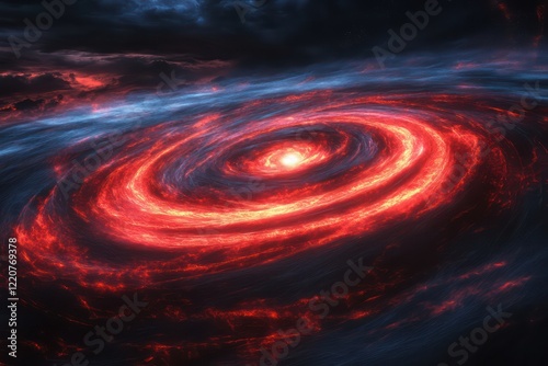 A surreal magnetic storm with glowing red and blue waves spiraling around an invisible core