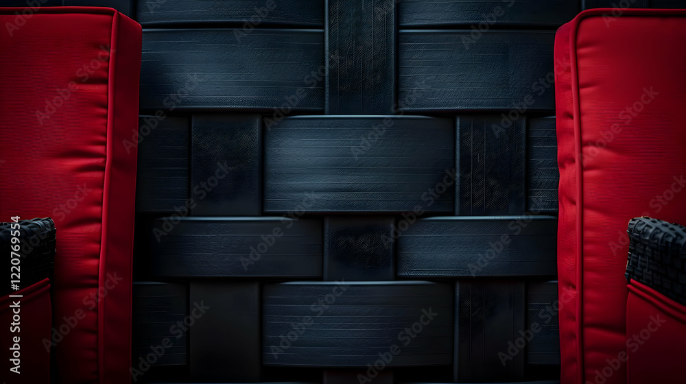 A close-up of red cushioned chairs against a dark woven backdrop.