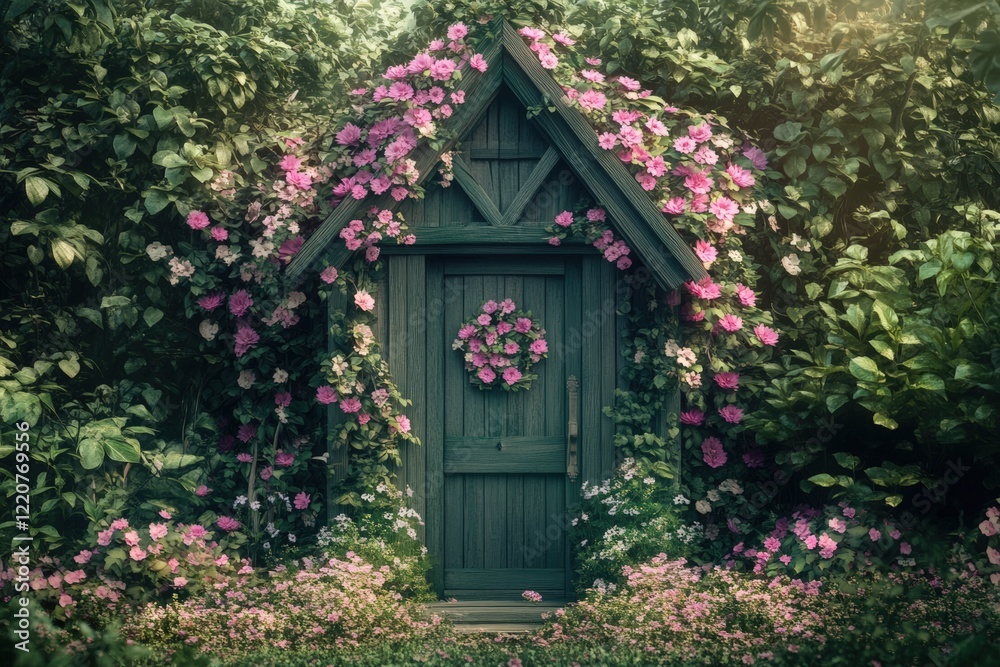 Enchanted garden doorway covered in pink flowers and lush greenery Enchanted garden doorway covered in pink flowers and lush greenery