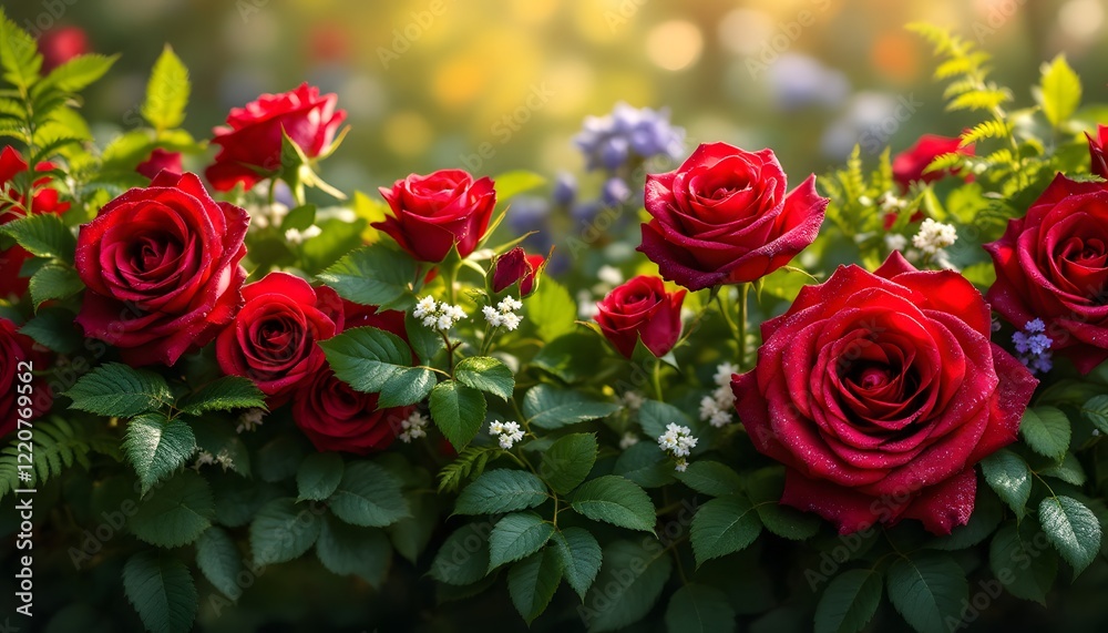 Obraz premium Lush Red Roses in a Sunlit Garden: A Romantic Floral Display