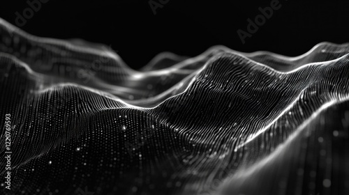 Abstract white waveform landscape against black background with digital points